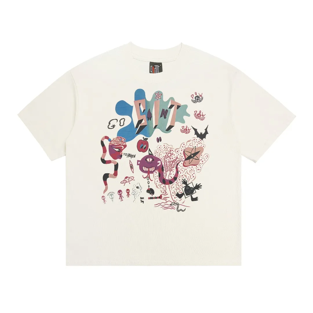 Saint Michael's new retro monster cartoon pattern round neck, loose pure cotton short sleeves, digital white ink direct injection, the fabric is breathable, and the pattern is three-dimensional and clear. Fabric: Double yarn 240g Style number: S835 Size: S-M-L-XL Color: Off-white Price: P110